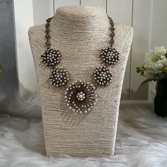 NEW Saks Fifth Avenue Pearl Spiral Sunburst Filigree Art Deco Statement Necklace - Picture 2 of 16